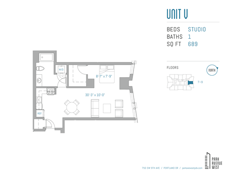 Floor plan for studio, 1 bath, 689 sqft